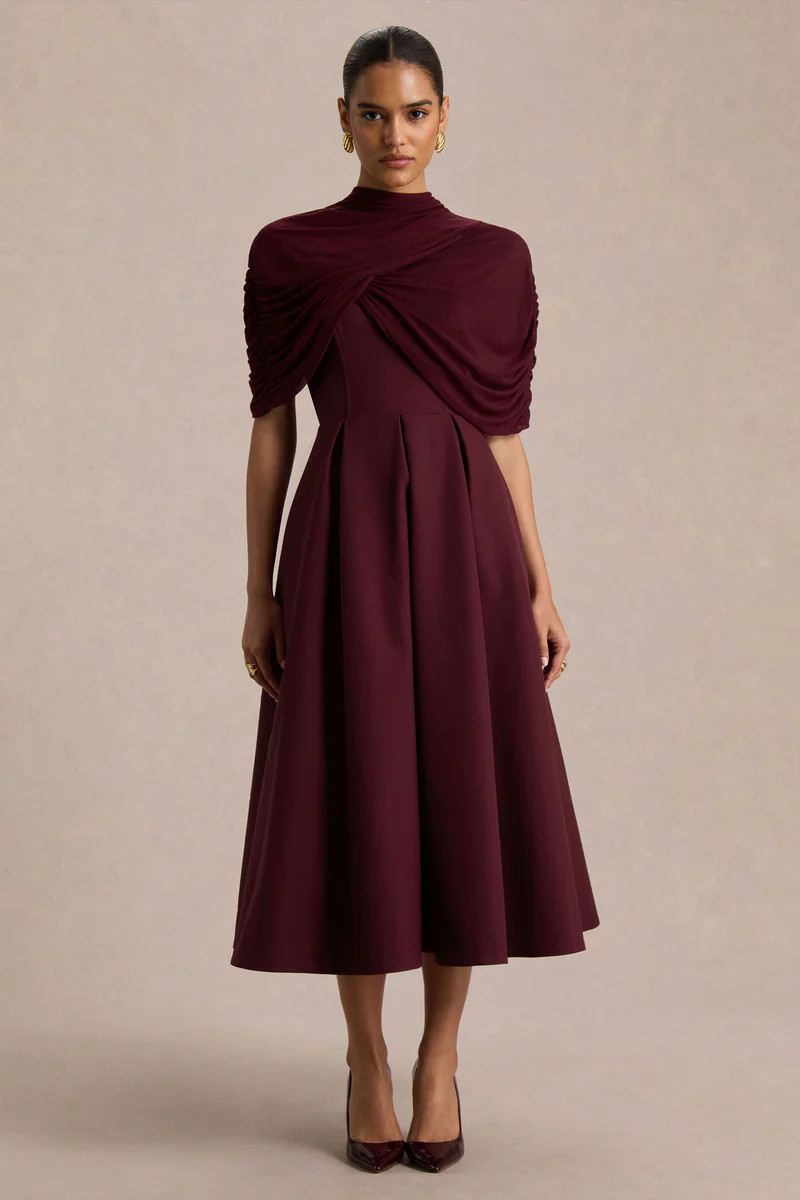 Thalia | Burgundy High-Neck Midi Dress With Sheer Mesh Cape | Club L London