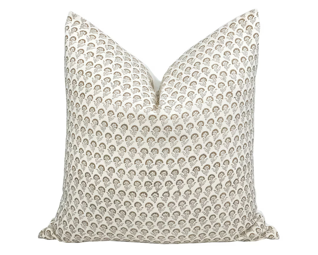 POSIE Designer Tan Floral Linen Pillow Cover Block Print - Etsy | Etsy (US)