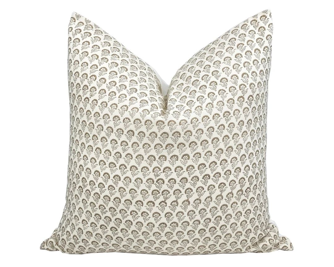POSIE Designer Tan Floral Linen Pillow Cover Block Print - Etsy | Etsy (US)
