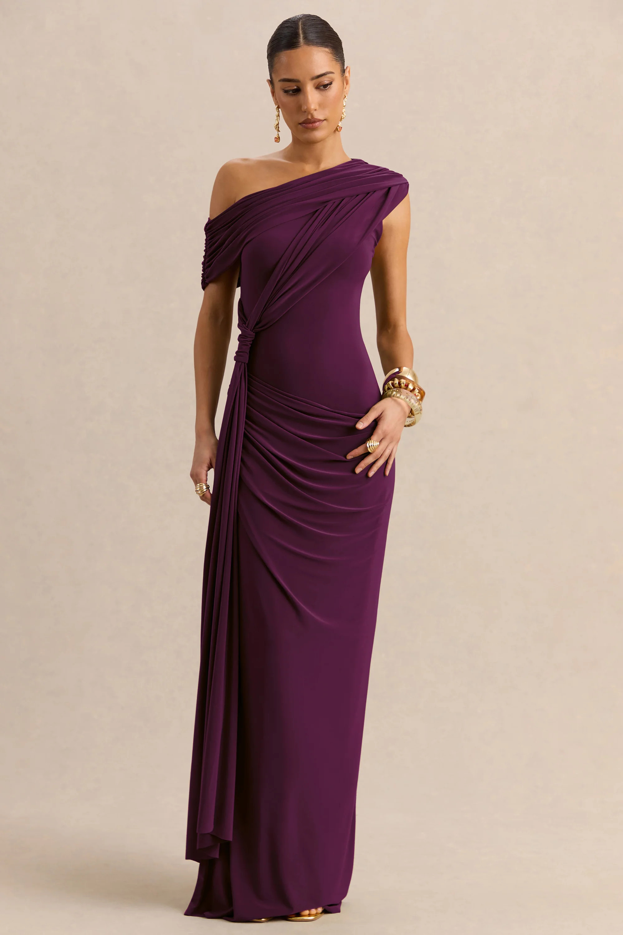 Avialee | Dark Plum Asymmetric-Neck Maxi Dress With Gathered-Detailing And Sash | Club L London