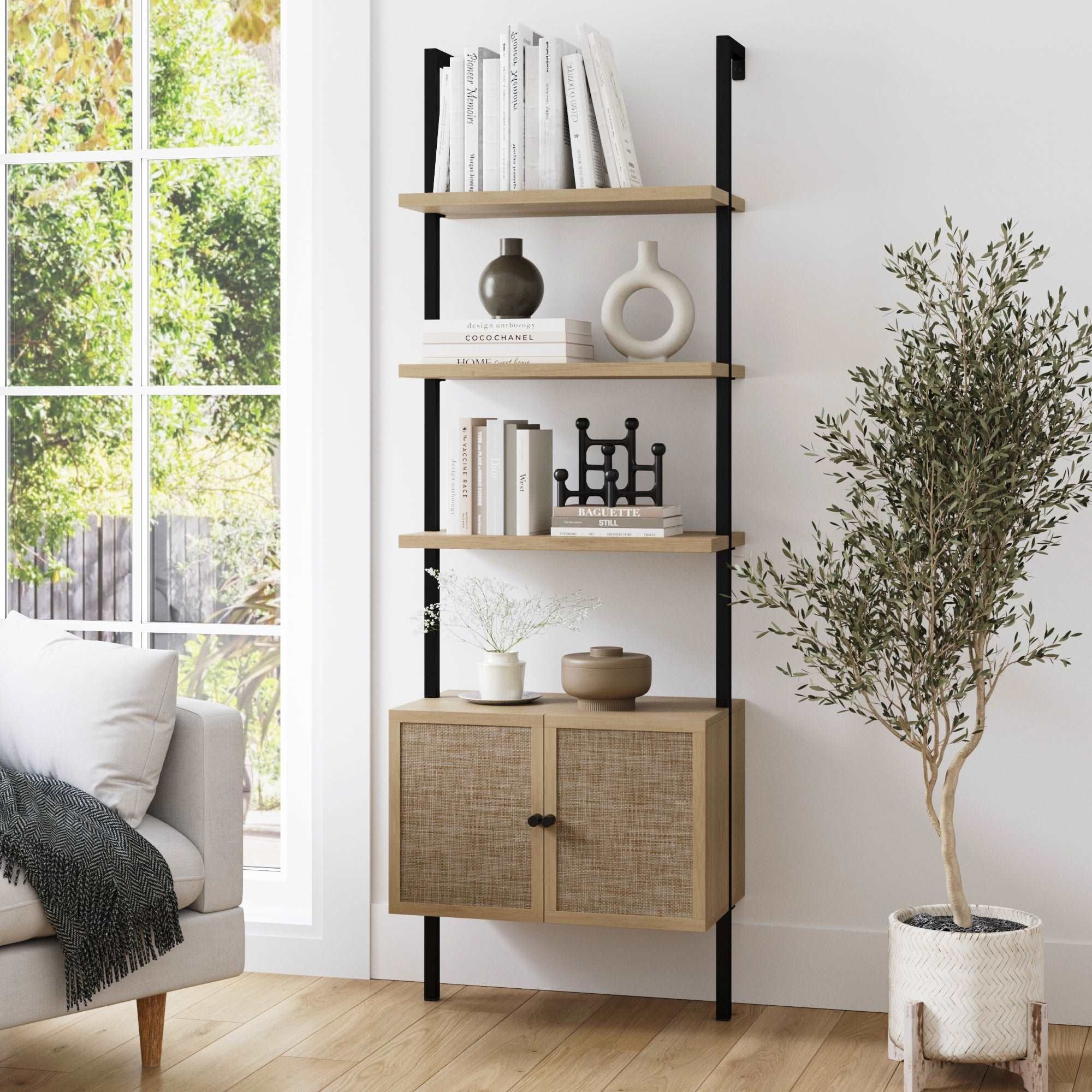 Rattan or Wood Ladder Bookshelf with Storage | Nathan James
