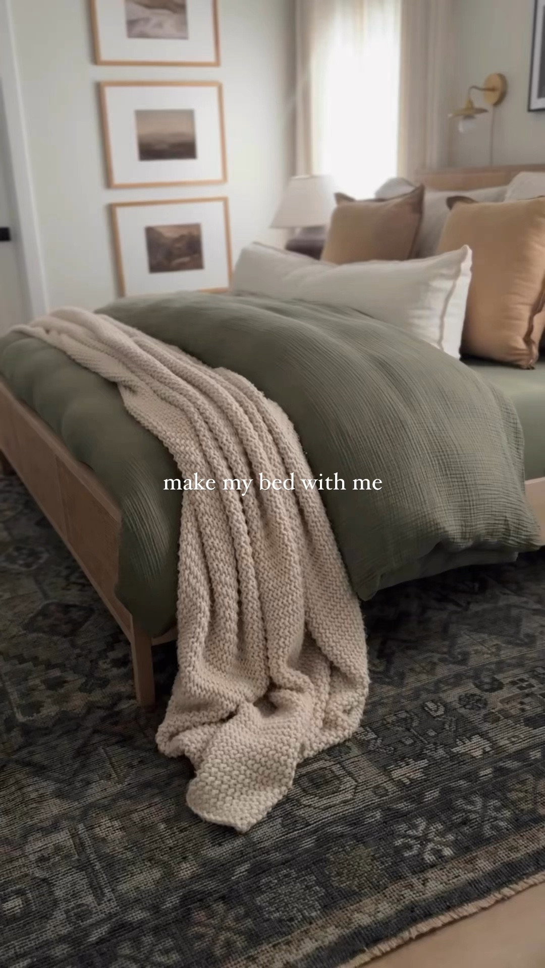 Make my bed with me! 

I’ve had a ton of requests lately on a slow downed version of how I make my bed, so here ya go! 

It’s not rocket science 😅 just a busy mom trying to make my bed look cozy. 

I start out with my olive fitted sheet, topped with a top sheet, tucked in. Layered with my fluffy duvet and 3 pillow sizes (king size euro, 24” pillows, and an oversized lumbar). Complete with my fav chunky knit throw!

Follow @frengpartyof6 for more affordable home finds!

#bedroom #primarybedroom #bedroomgoals #bathroomdecor #bedroomdesign #affordablehome #olivebedding #organicmodernhome #shopltk #ltkhome 


#LTKFindsUnder100 #LTKStyleTip #LTKHome