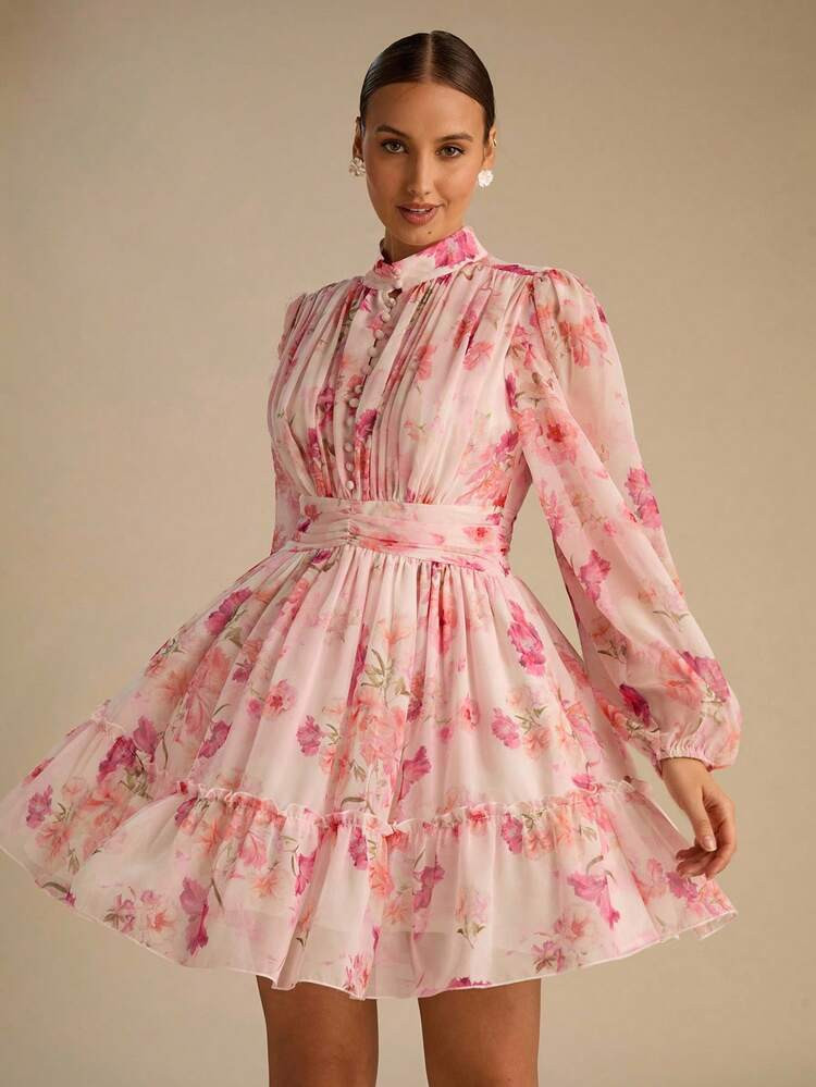 Enchnt Spring/Summer Romantic Women's Elegant Pink Floral Print Lantern Sleeve Ruffle Hem Mini Dress,Chic&Elegant For Date&Holiday&Going Out&Daily Wear,Summer Dresses For Women,Summer Outfits For Women | SHEIN