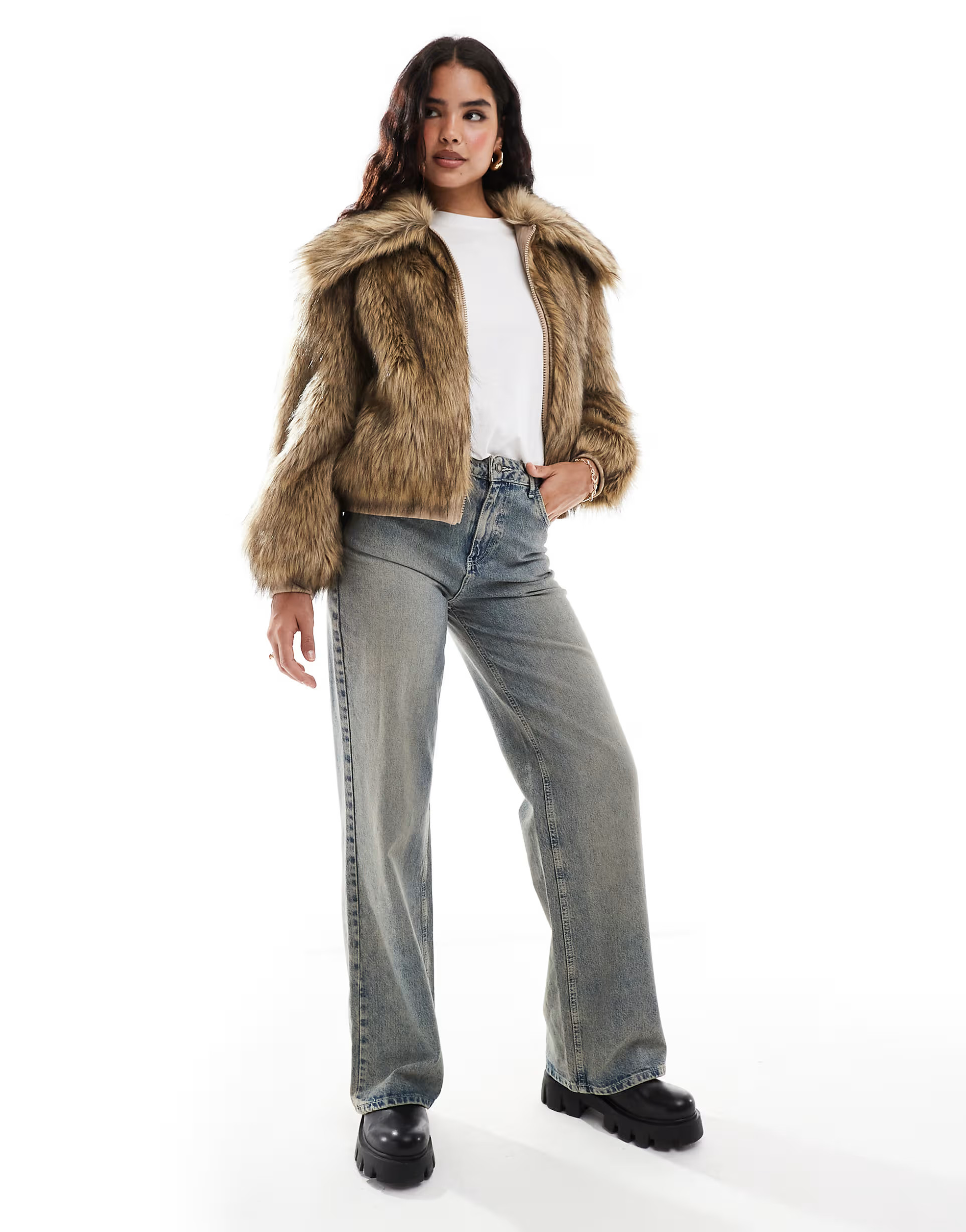 Stradivarius STR faux fur jacket in beige | ASOS (Global)