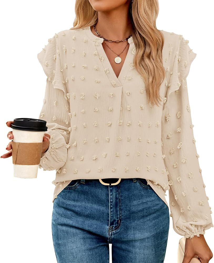ZESICA Womens Ruffle Long Sleeve Chiffon Blouses V Neck Swiss Dot Fall Shirts Dressy Casual Tunic... | Amazon (US)