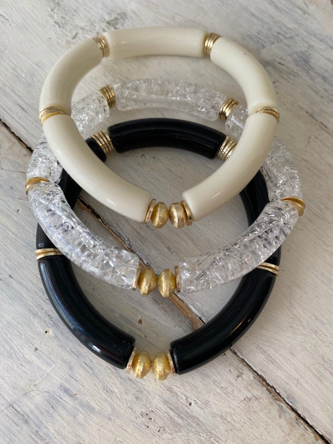 Enamel bangle bracelets/white/cream/clear with gold accents/tube bead bracelets/womens jewelry | Etsy (US)