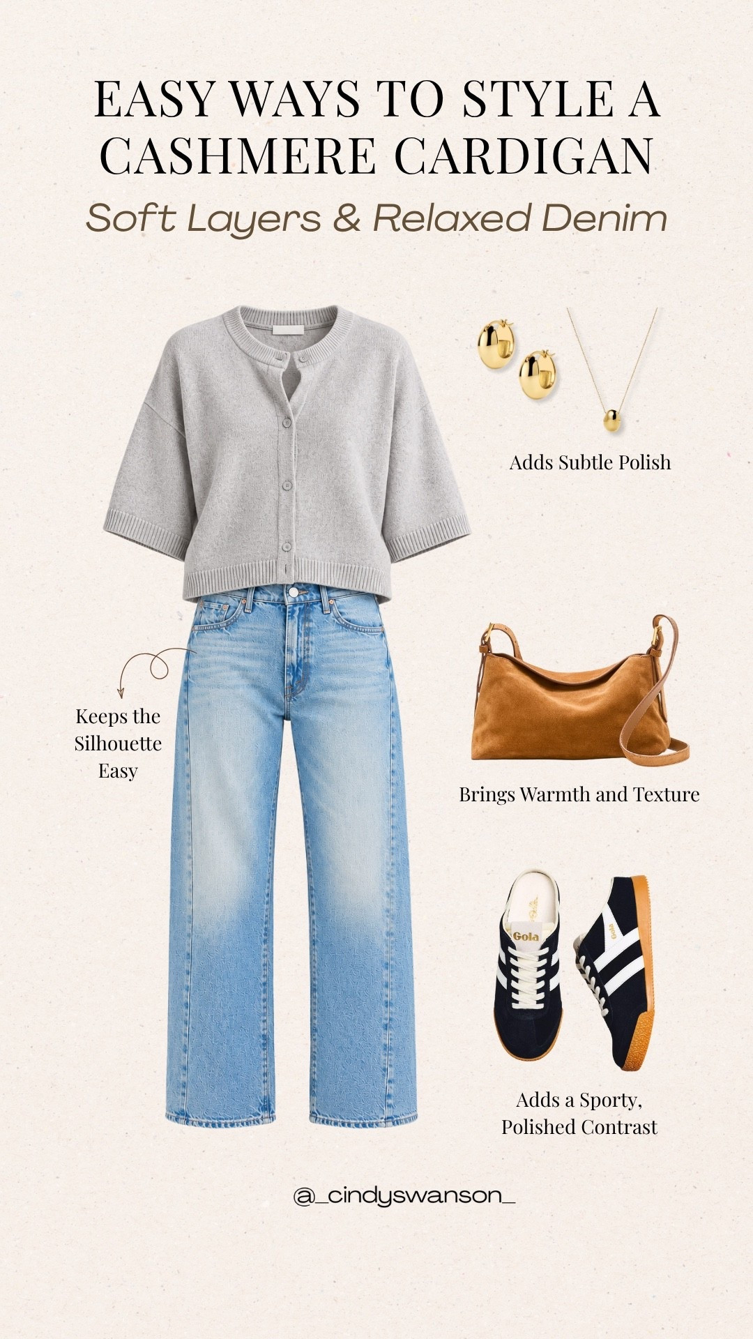 A soft gray cashmere cardigan with relaxed denim is one of those easy combinations I come back to again and again. The cropped, short-sleeve cardigan keeps the silhouette simple, while warm brown accessories add just enough contrast and texture. The gray color shown here is low in stock, but the cardigan is available in several other colors.

#LTKootd #LTKOver40