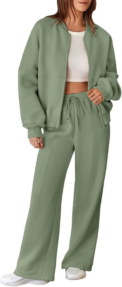 Aleumdr Women's 2 Piece Outfits Oversized Fleece Sweatsuit Zip Up Long Sleeve Sweatshirt with Wid... | Amazon (US)