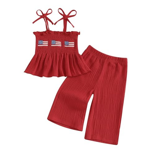 Kuriozud 4th of July Outfit Baby Girl Smocked Tank Top+Wide Leg Pants Set Kids Toddler Girl Fourth of July Clothes (4th July American Flag Red, 3-4T) | Amazon (US)