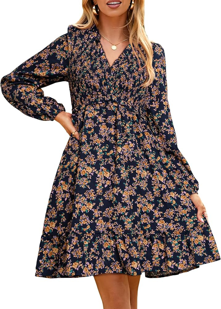 Simplee Womens 2025 Long Sleeve Babydoll Mini Dress Smocked Floral Fall Flowy Casual Short Dresse... | Amazon (US)
