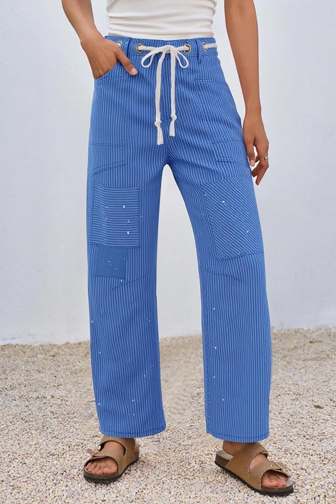 PLNOTME Womens Baggy Barrel Horseshoe Jeans Wide Leg Patchwork Low Rise Denim Pants with Pockets | Amazon (US)