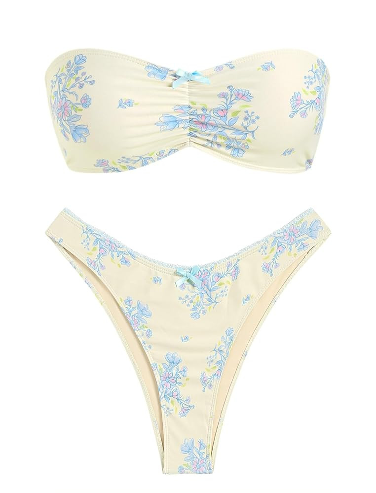 ZAFUL Women's Strapless Bikini Openwork Textured Bow Ruched Lace Up High Cut Bandeau Swimsuit Bat... | Amazon (US)