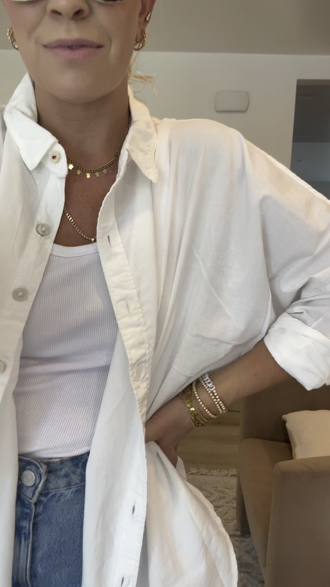 American eagle big shirt is $18! Wearing a small in black and white and a medium in the tan