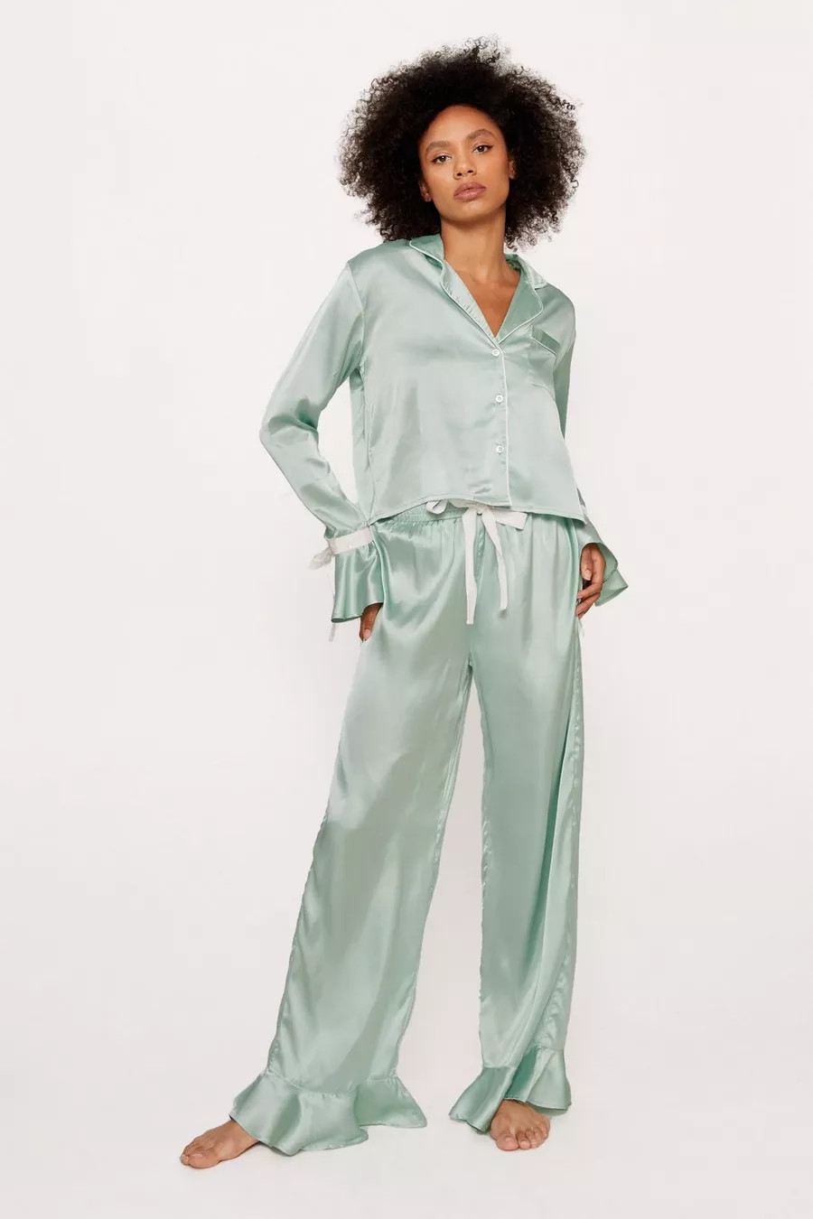 Satin Contrast Velvet Tie Cuff Pajama Shirt And Pants Set | Nasty Gal (US)