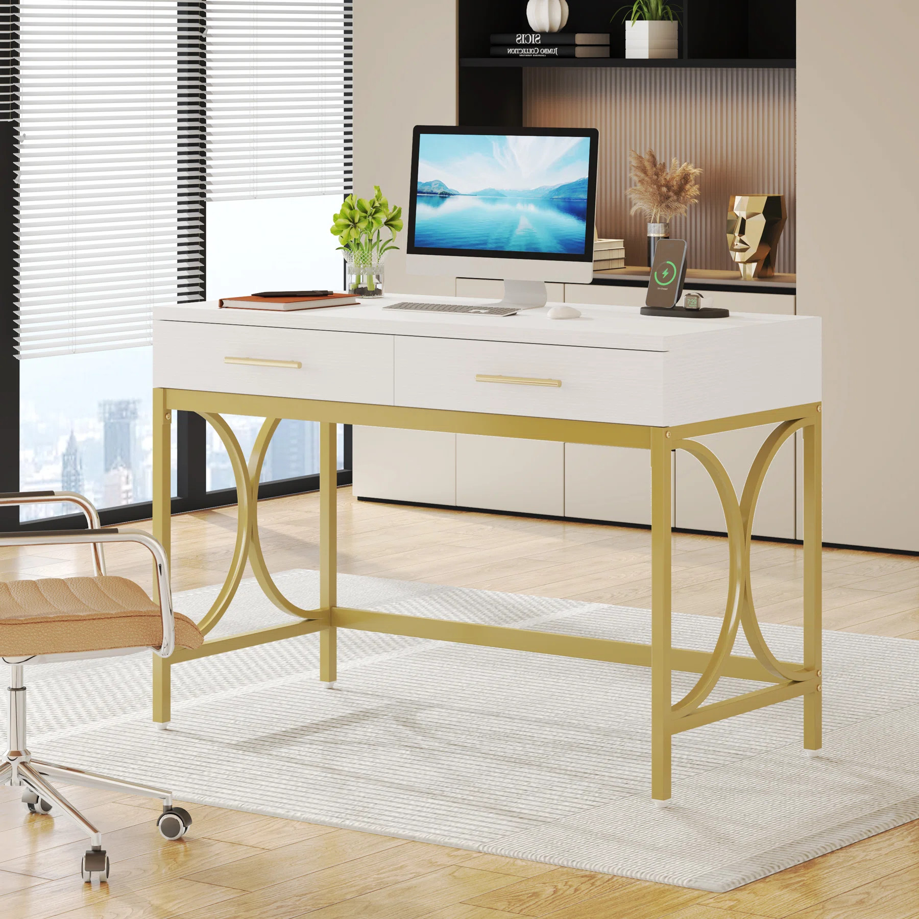 41 in Computer Desk With Two Drawers, White and Gold Modern Study Writing Desk | Wayfair North America
