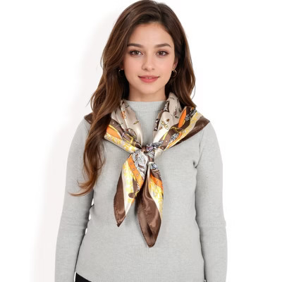 Anna-Kaci Women's Vintage-Inspired Satin Square Scarves with Vibrant Patterns and Bold Feather and Butterfly Motifs-Coffee | Target