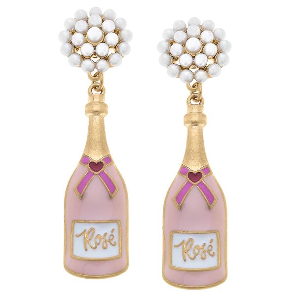 Valentine's Rose Bottle Pearl Cluster Enamel Earrings in Pink | CANVAS