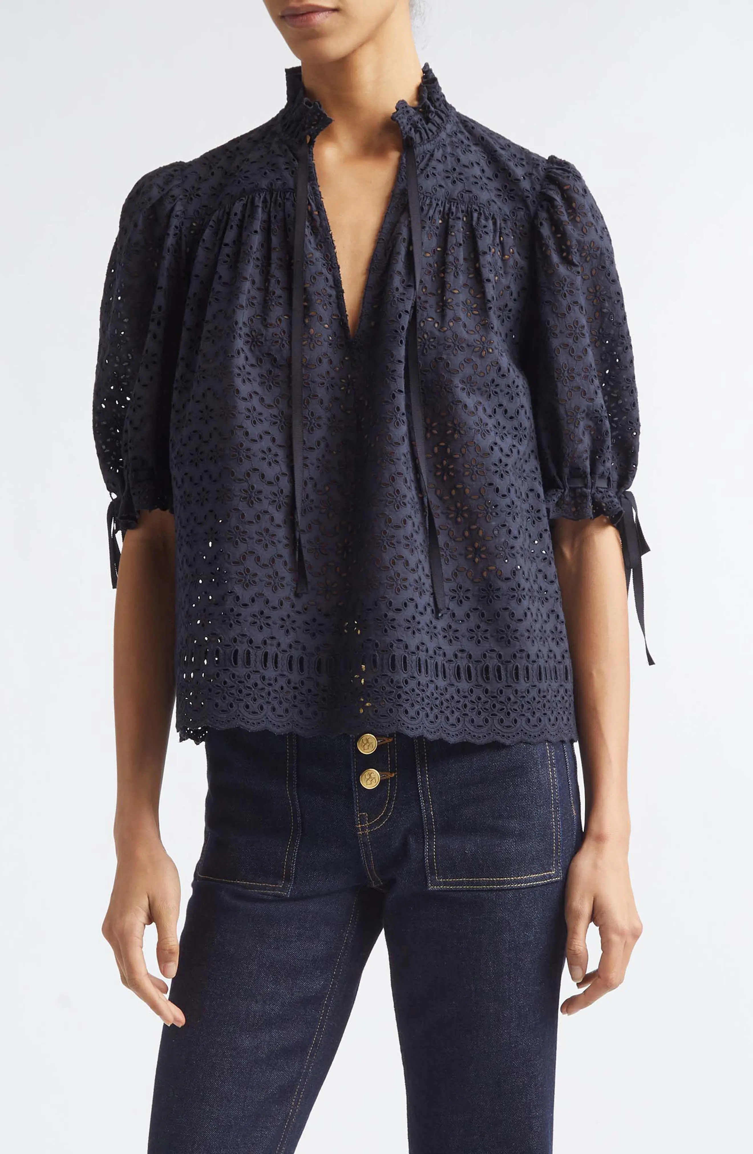 Ulla Johnson Alouette Eyelet Puff Shoulder Top in Midnight at Nordstrom, Size 14 | Nordstrom