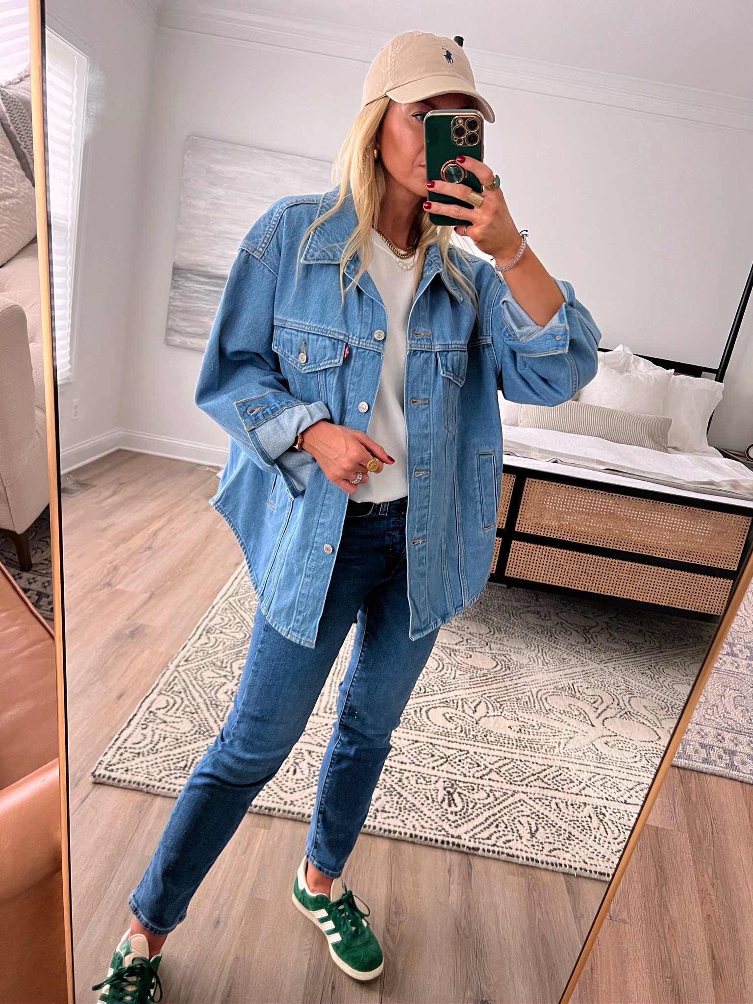 Denim shacket, straight leg jeans, chino baseball cap

#LTKshoecrush #LTKstyletip