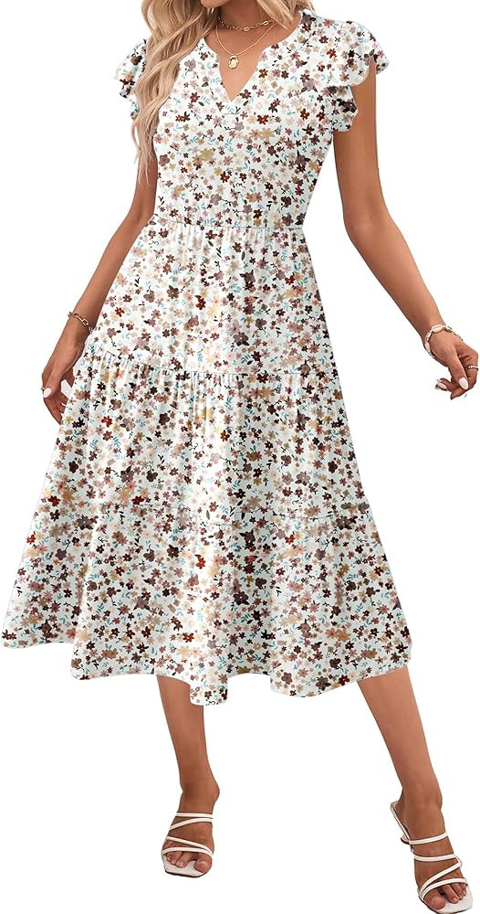Zeagoo Womens Summer Casual Dresses Ruffle Sleeve V Neck Midi Dress Flowy Tiered Dress with Pocke... | Amazon (US)