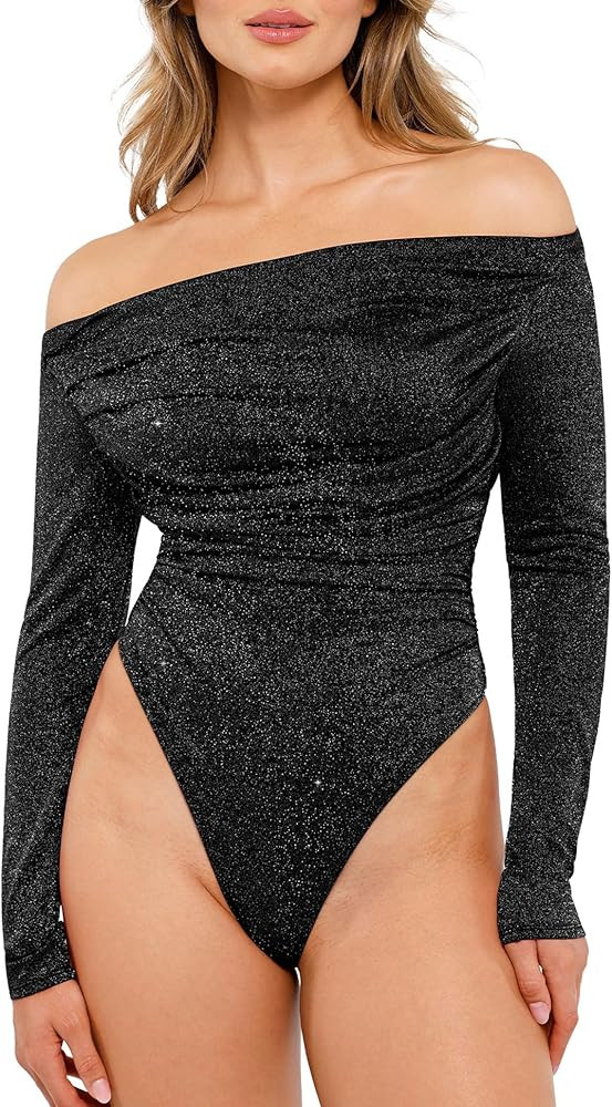 Popilush Bodysuits for Women Sparkly Off The Shoulder Tops Long Sleeve Body suit Tummy Control Th... | Amazon (US)