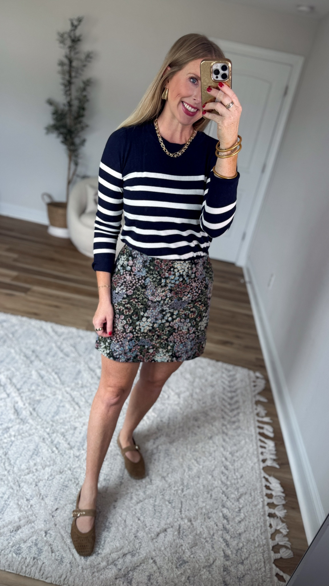 Daily try on, Walmart outfit, Walmart fashion, Walmart try on, free assembly, print mix, striped sweater, floral skirt

#LTKootd