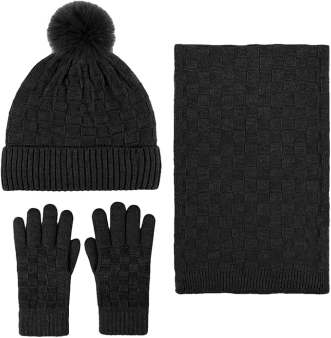 Women Winter Hat Scarf Gloves Set Warm Wool Fleece Knitted Long Scarf Men Gloves | Amazon (US)