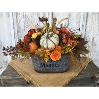 Farmers Market Pumpkin & Gourd Autumn Floral Arrangement, Galvanized Tin Fall Centerpiece, Farmhouse | Etsy (US)