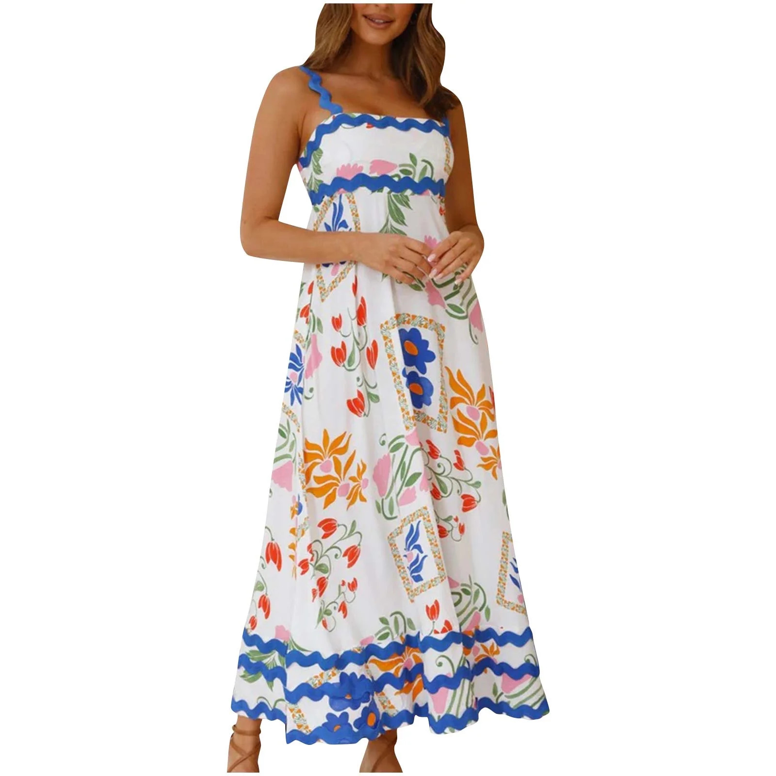 Drses Women's Rickrack Trim Spaghetti Strap Square Neck Tank Maxi Dress Sleeveless Long Beach A-L... | Walmart (US)