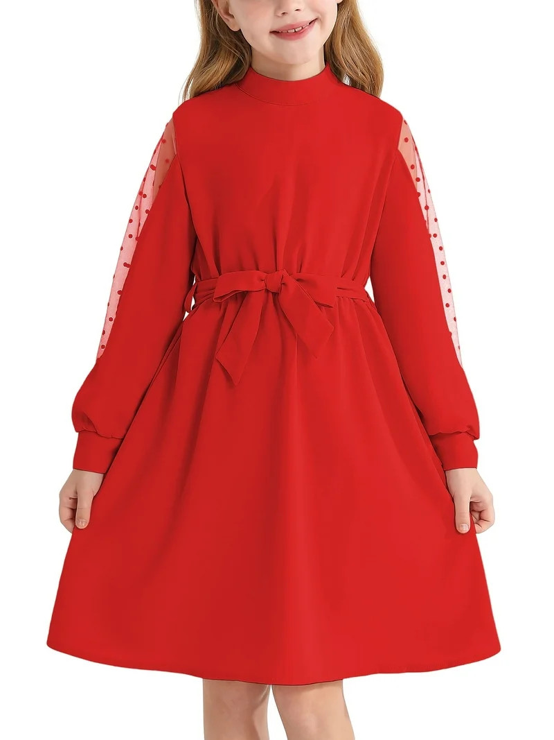 Actgleam Girls Mesh Long Sleeve Dress Crew Neck A-Line Party Belted Dresses,D Red,11-12Years - Wa... | Walmart (US)