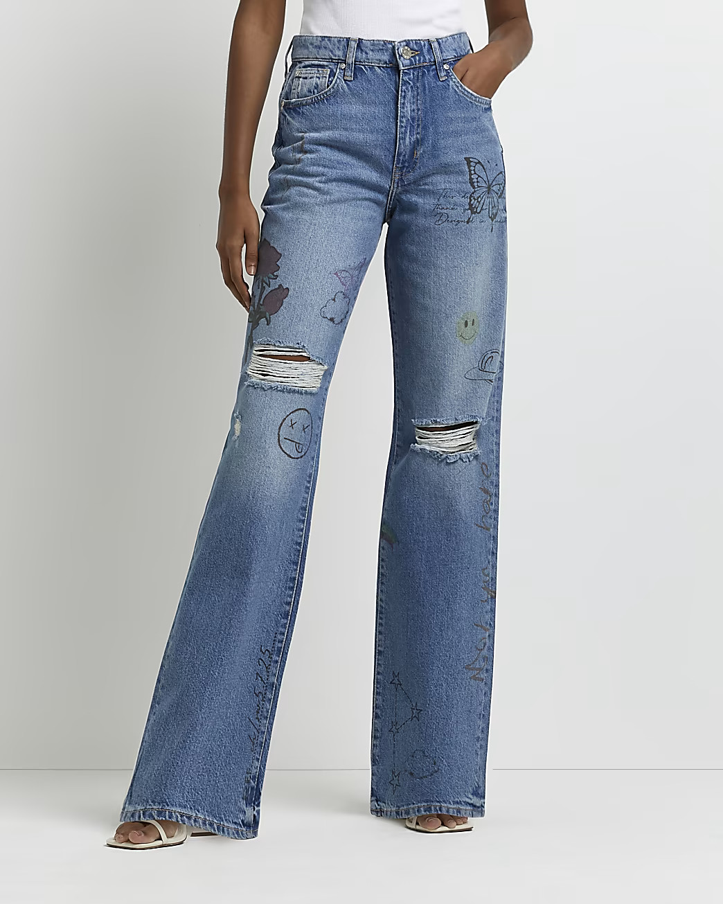River Island Womens Blue ripped mid rise wide leg jeans | River Island (US)