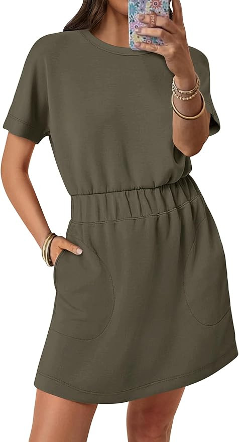 ANRABESS Womens Dresses 2025 Summer Casual Short Sleeve Crew Neck Elastic Waist Mini T Shirt Dres... | Amazon (US)