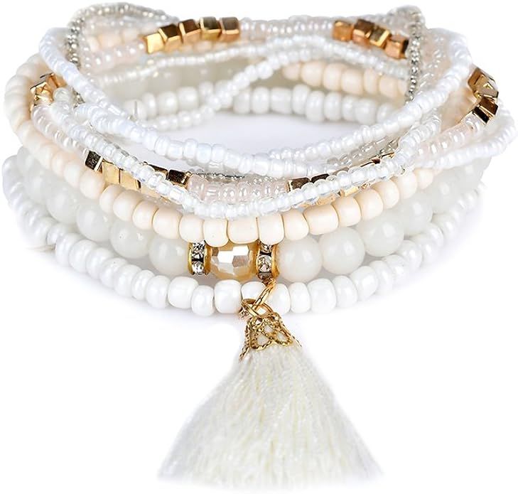 LUREME Bohemian Beads Pearl Tassel Multi Strand Textured Stackable Bangle Bracelet Set(bl003054) | Amazon (US)
