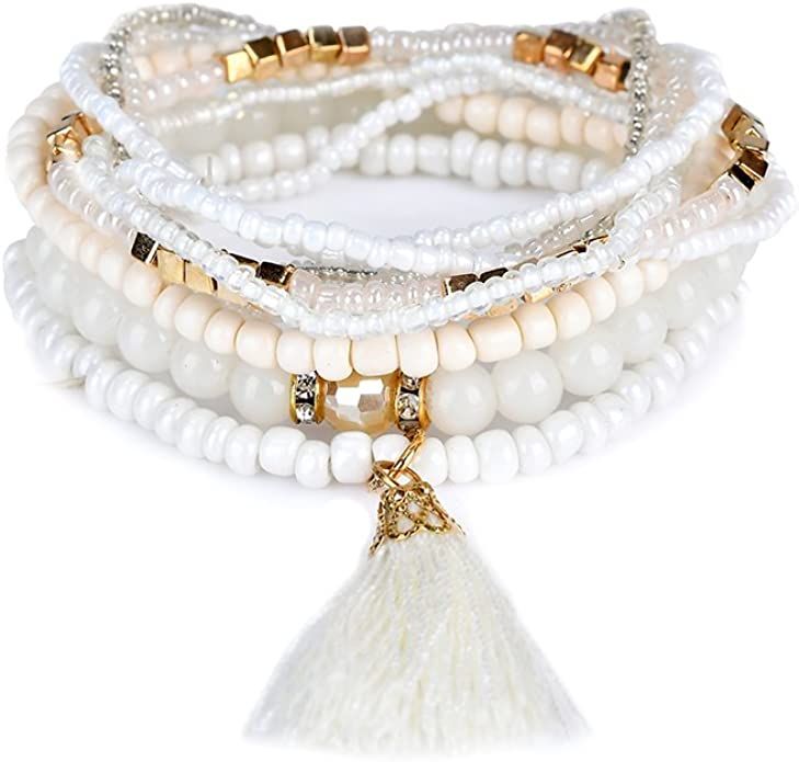 Amazon.com: LUREME Bohemian Beads Pearl Tassel Multi Strand Textured Stackable Bangle Bracelet Se... | Amazon (US)