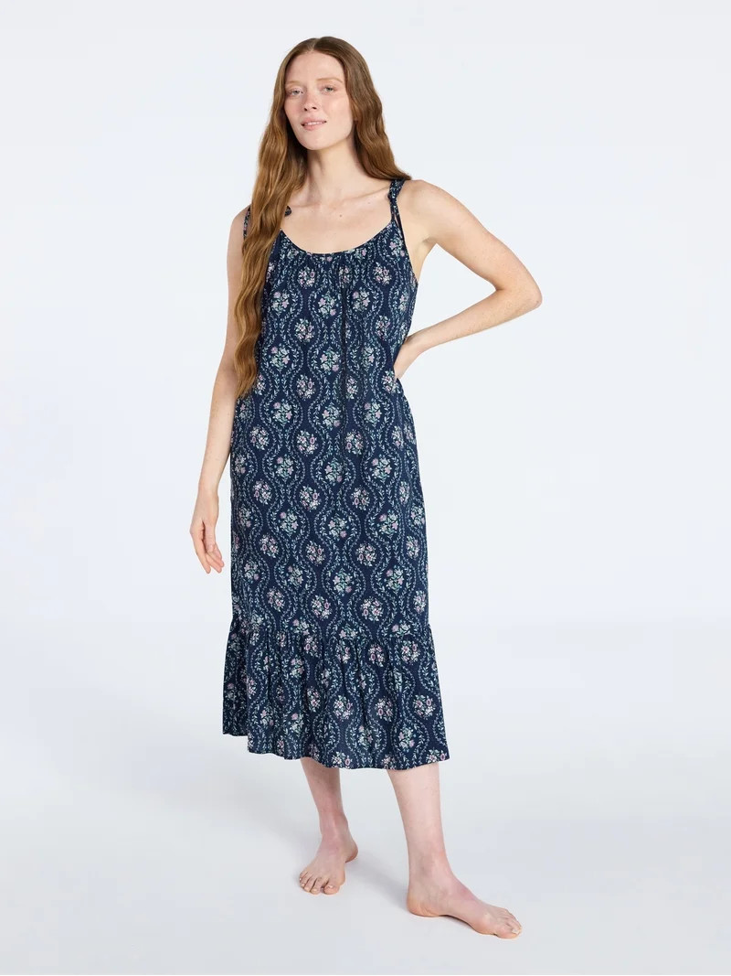 Joyspun Women's Woven Midi Sleep Gown with Shoulder Tie, Sizes XS-3X | Walmart (US)