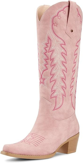 wetkiss Cowboy Boots for Women Knee High Cowgirl Boots Retro Embroidered Chunky Heels Pointed Toe... | Amazon (US)