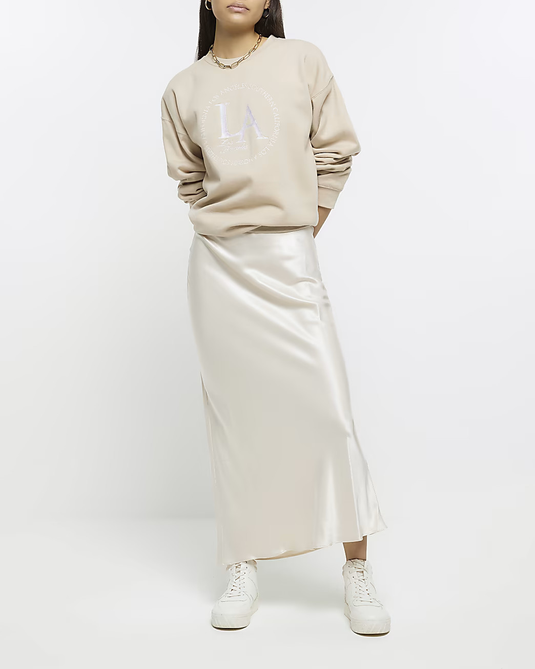 Cream satin maxi skirt | River Island (UK & IE)