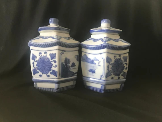 Pair of Vintage Pagoda Shape Blue and White Porcelain Jar | Etsy | Etsy (US)