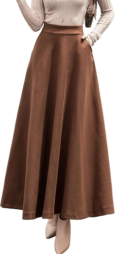 chouyatou Women's Fall Winter A-Line Swing Pleated Long Maxi Wool Skater Skirt | Amazon (US)
