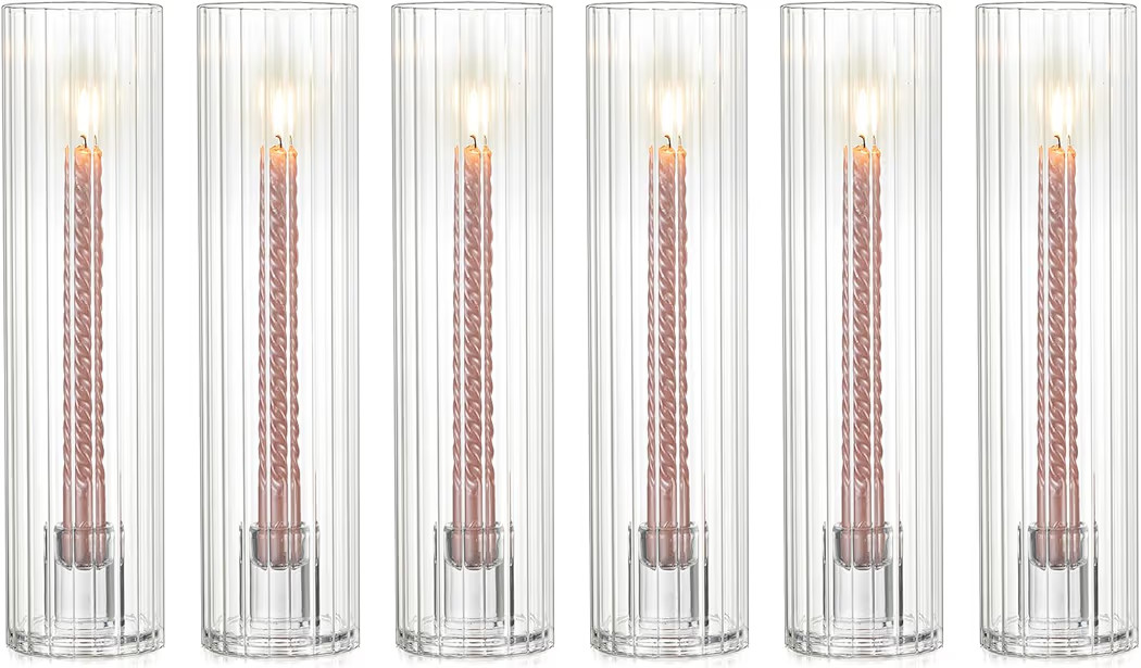 NUPTIO Taper Candle Holders for Centerpiece: Ribbed Hurricane Glass Candlestick Holder - Set of 6... | Amazon (US)