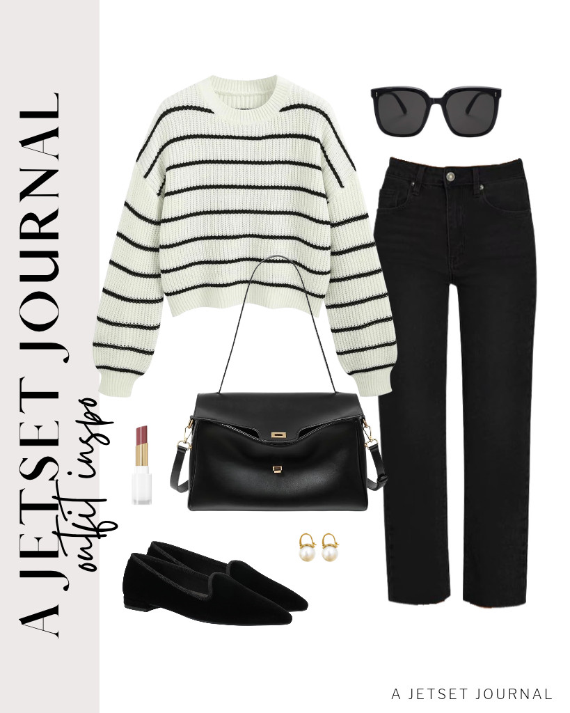 For a CIDER cropped striped sweater and KDF straight-leg jeans combo, you wear these Birdies Starfinch pointed-toe velvet flats. This BOSTANTEN shoulder bag complements this fit, too. Finish this look with REVLON Super Lustrous Glass Shine Balm. 

 #LTKSeasonal #LTKSaleAlert #LTKTravel
