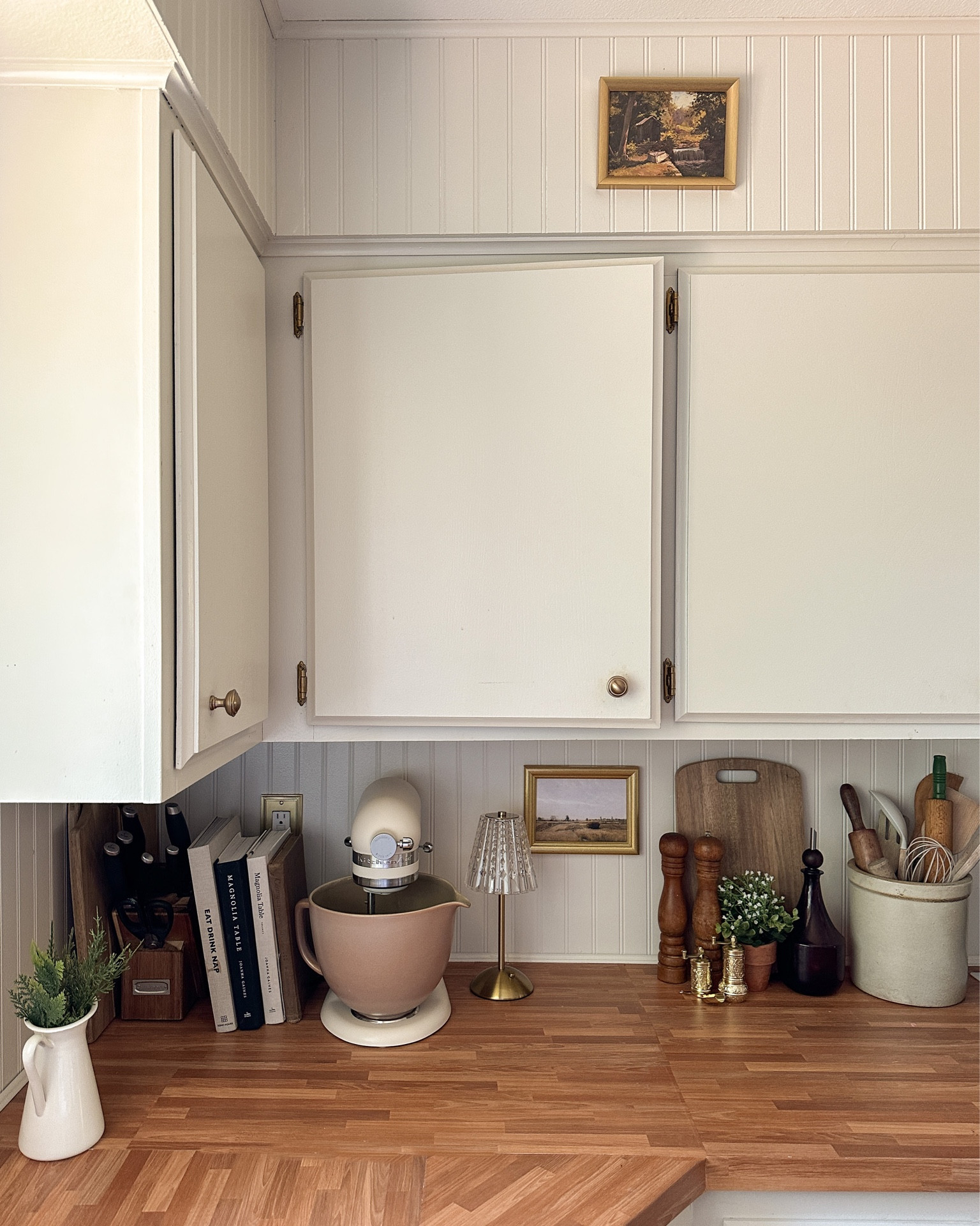 Traditional style kitchen 💡 
KitchenAid Magnolia Table Countertop Lamp Kitchen Lamp Pepper Mill Contact Paper Butcher Block Beadboard Backsplash Sherwin Williams

#LTKhome