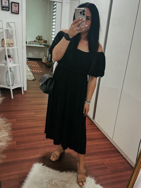 Black midi dress. Puff sleeve dress. Amazon dress. Casual style. Nude sandals. 

#LTKworkwear #LTKstyletip #LTKitbag