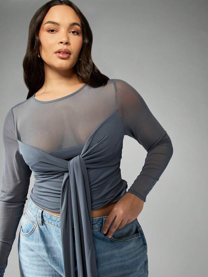 MISSGUIDED MISSGUIDED PLUS Elegant Sheer Mesh Long Sleeve Tie-Front Top Evening Wear Party Blouse Special Occasion Fitted Modern Fashion Statement Piece Holiday Season Glamour | SHEIN