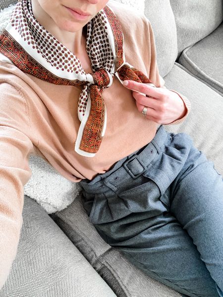 Spring outfit and a silk scarf. 
Wearing size small sweater, order your usual size. 
Size XXS short pants, linked this year’s version from Abercrombie. 
Linked similar scarves. 
Petite outfit. Neutral outfit. Classic outfit  

#LTKstyletip #LTKworkwear #LTKSeasonal
