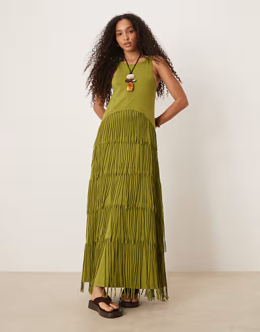 ASOS DESIGN scoop racer neck fringe maxi dress in green | ASOS | ASOS (Global)