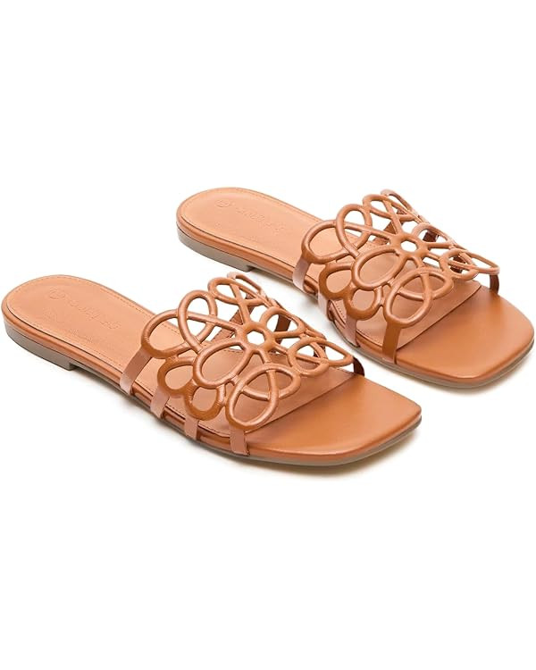 Coutgo Womens Flat Sandals Comfortable Square Open Toe Slides Slip On Summer Dressy Beach Shoes | Amazon (US)