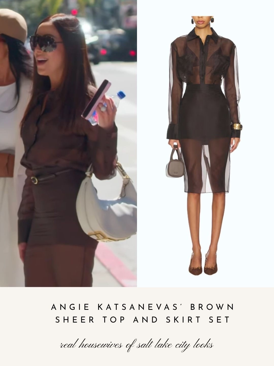 Angie Katsanevas’ Brown Sheer Top and Skirt Set