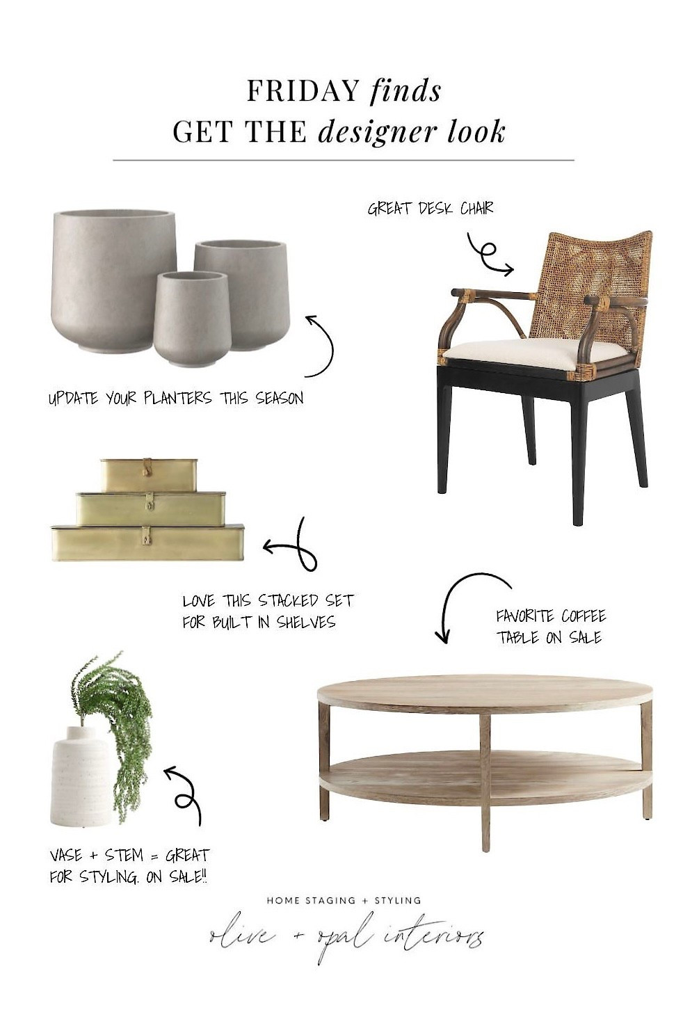 Friday Finds with Olive and Opal Interiors is at it again! Here are a few items I’ve included in recent designs. And bonus, they’re on sale!! This coffee table (on sale) is such a staple as well as the vase + stem used for styling the top. Also included, a textured arm chair suitable for a pretty desk chair, metal boxes for styling shelves, and updated planters for a patio. Have a great weekend friends! #oliveandopalinteriors

#LTKFindsUnder100 #LTKHome #LTKFamily