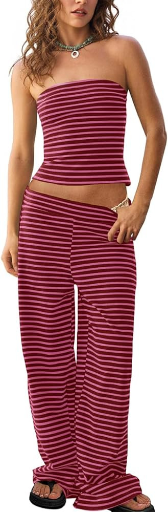 Tankaneo Womens Striped 2 Piece Sets Summer Strapless Crop Tube Tops Wide Leg Pants Matching Loun... | Amazon (US)